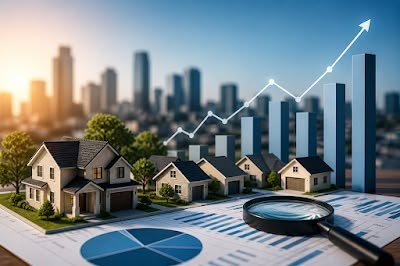 Model houses in front of a rising bar chart and a magnifying glass